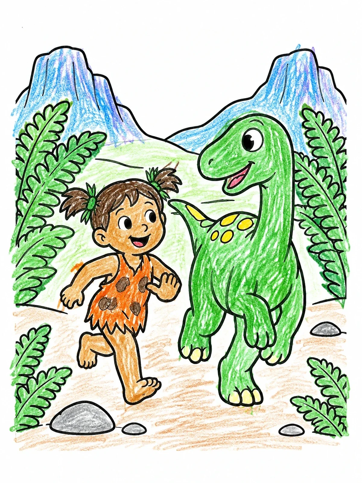 Colored example of the Cave Girl Running With Cute Dinosaur coloring page