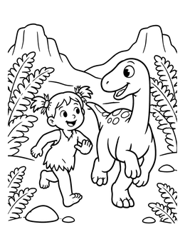 Free printable Cave Girl Running With Cute Dinosaur coloring page