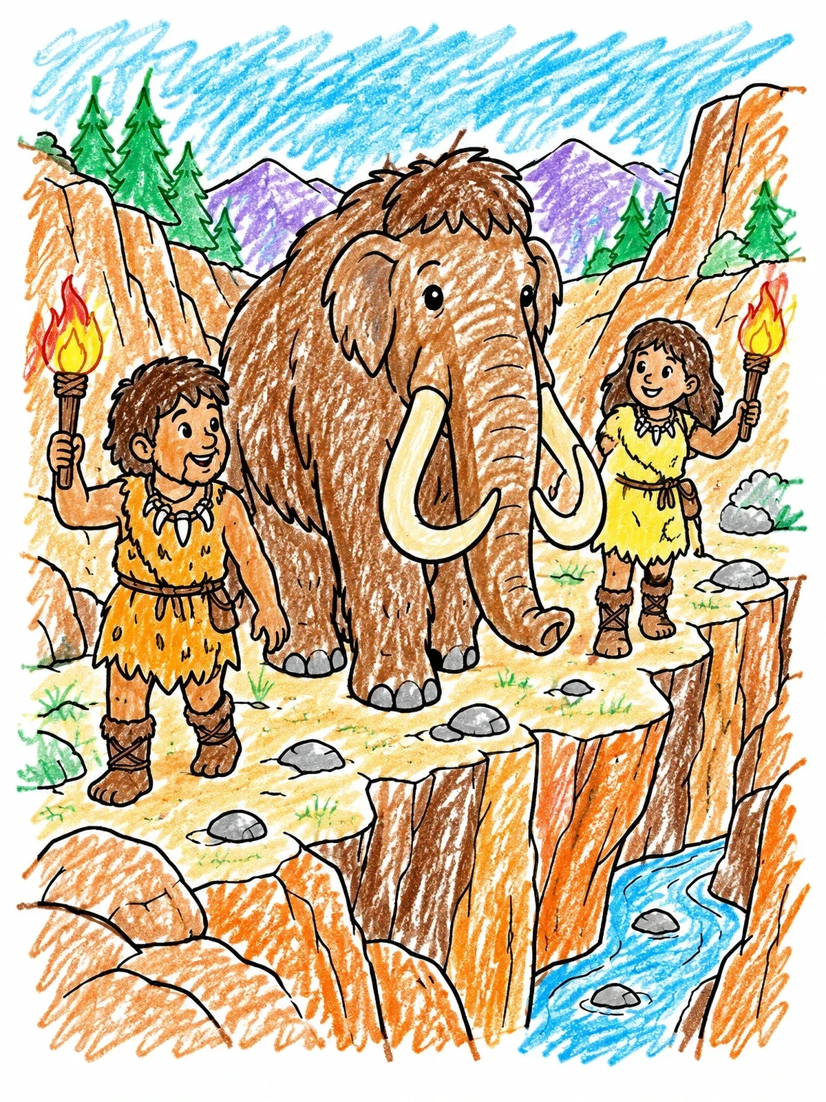 Colored example of the Cavemen Guiding A Mammoth Through Canyon coloring page