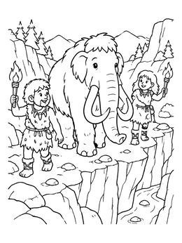 Free printable Cavemen Guiding A Mammoth Through Canyon coloring page