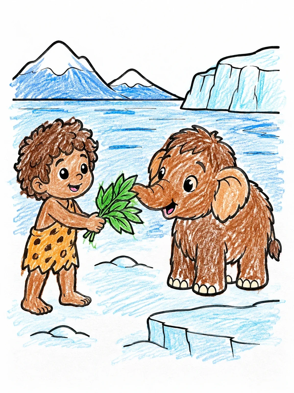 Colored example of the Prehistoric Child Feeding Baby Mammoth coloring page