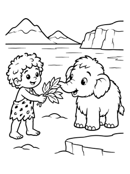 Free printable Prehistoric Child Feeding Baby Mammoth coloring page