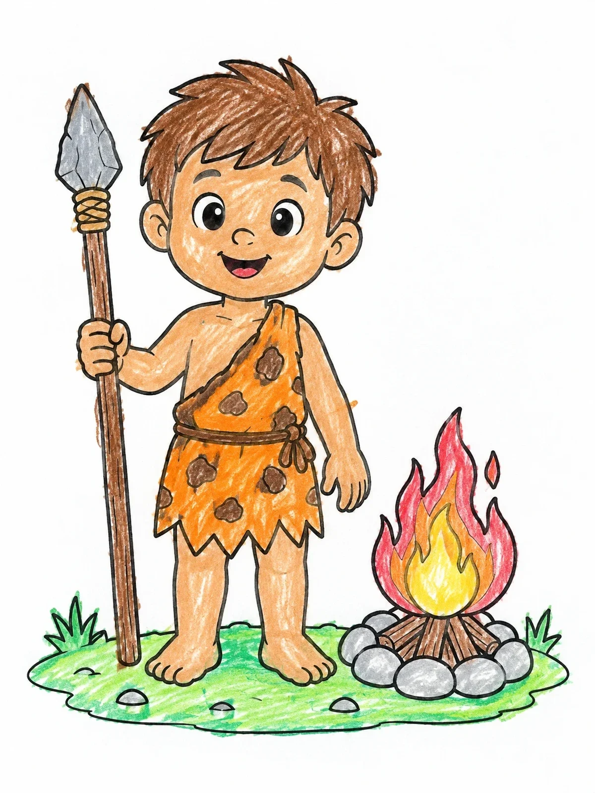 Colored example of the Cute Stone Age Boy By Campfire coloring page