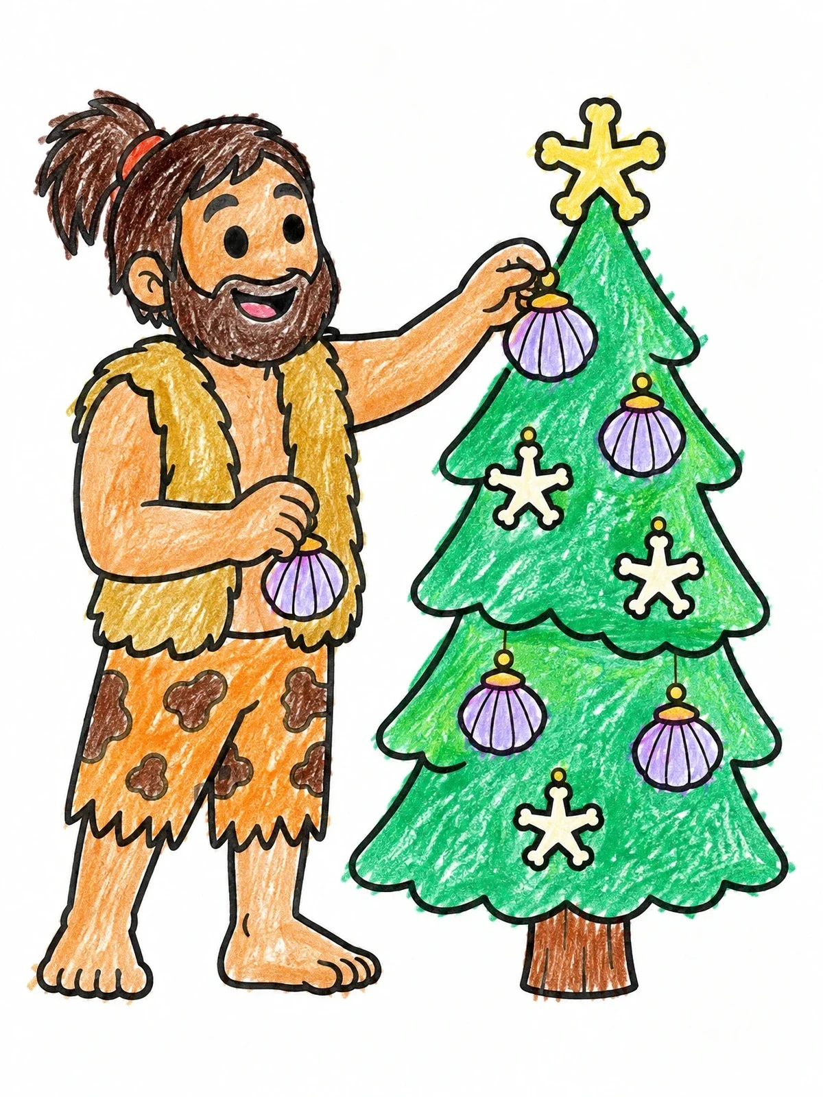 Colored example of the Caveman Decorating A Holiday Tree coloring page