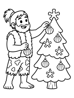 Free printable Caveman Decorating A Holiday Tree coloring page