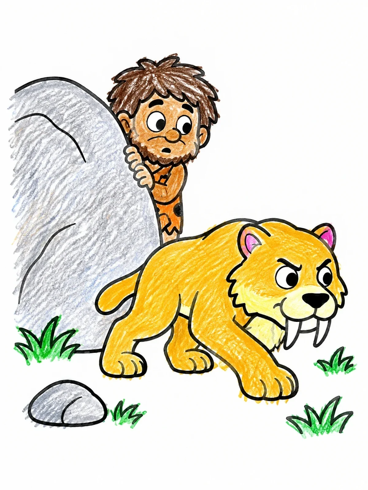 Colored example of the Caveman Hiding From Saber Toothed Cat coloring page