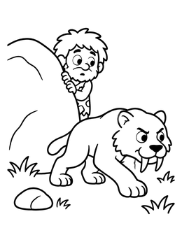 Free printable Caveman Hiding From Saber Toothed Cat coloring page
