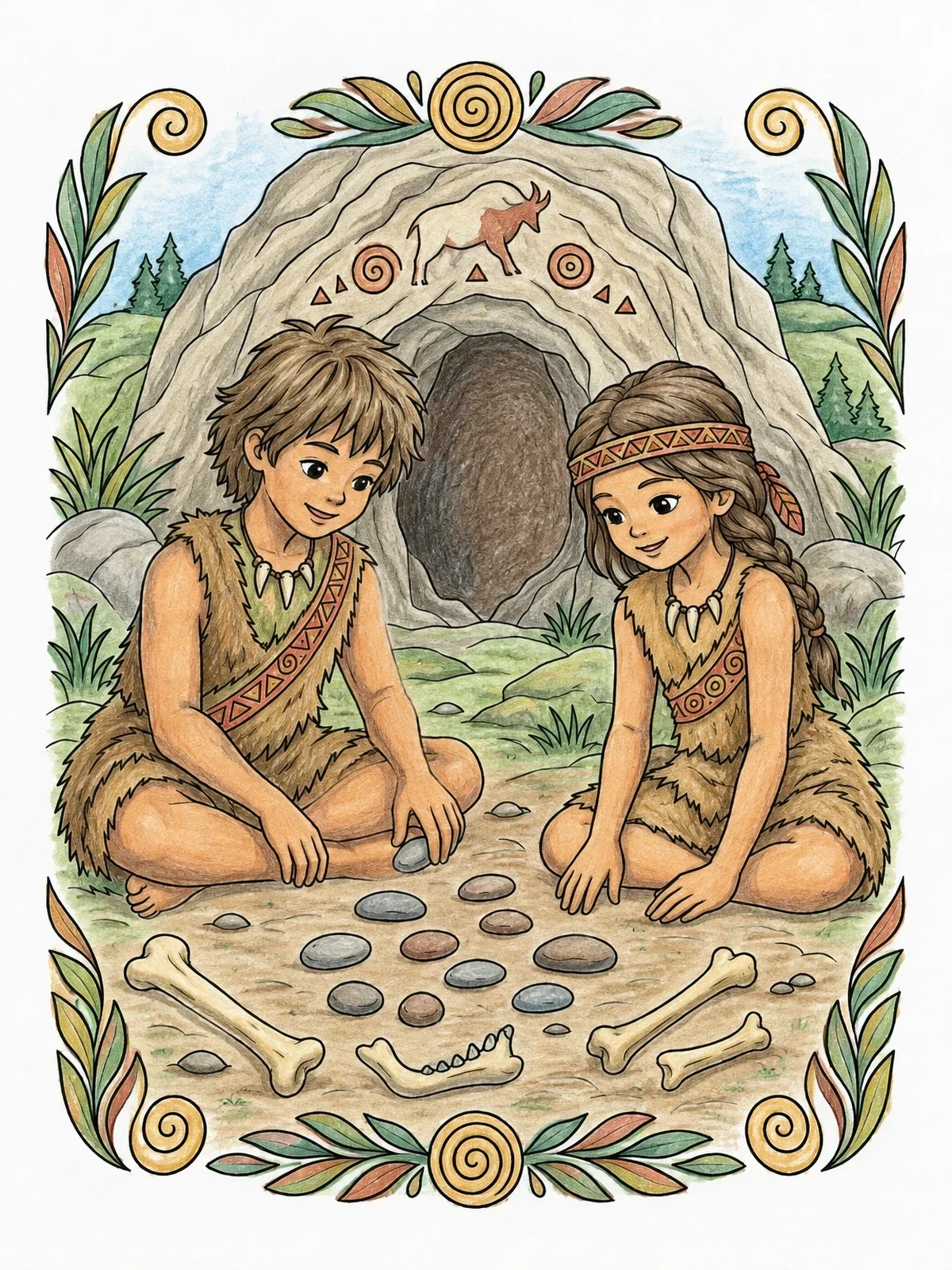 Colored example of the Prehistoric Children Playing Outside Cave coloring page