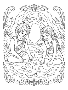 Two prehistoric kids playing with pebbles and bones in this caveman coloring page.