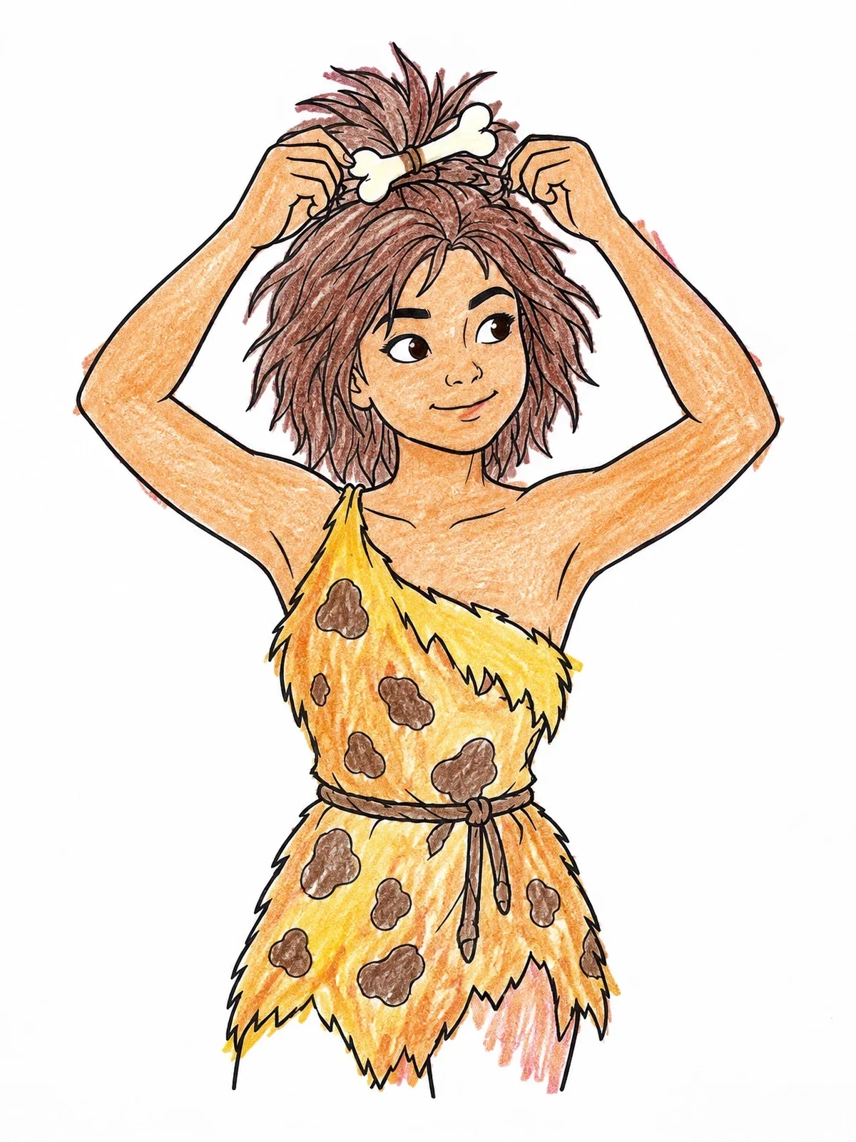 Colored example of the Prehistoric Girl With Bone Hairpin coloring page