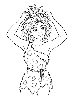 A caveman coloring page featuring a prehistoric girl styling her hair with a bone pin.