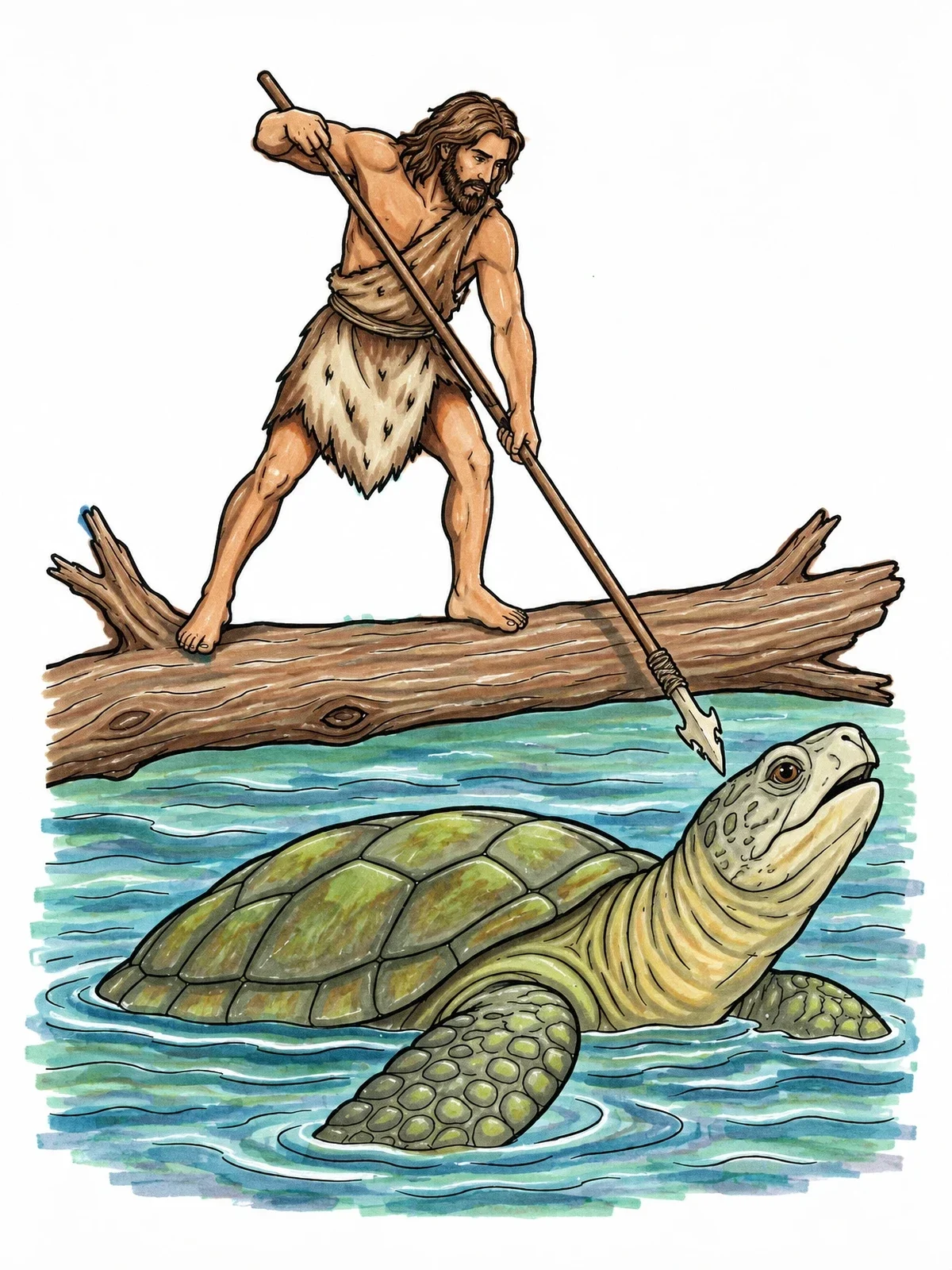 Colored example of the Prehistoric Hunter And Giant Turtle coloring page