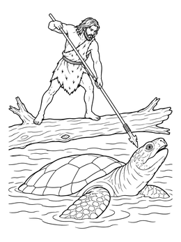 A caveman coloring page showing a hunter balancing on a log with a spear near a giant turtle.