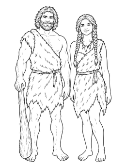 A realistic caveman coloring page featuring a smiling man with a club and a woman in fur tunics.