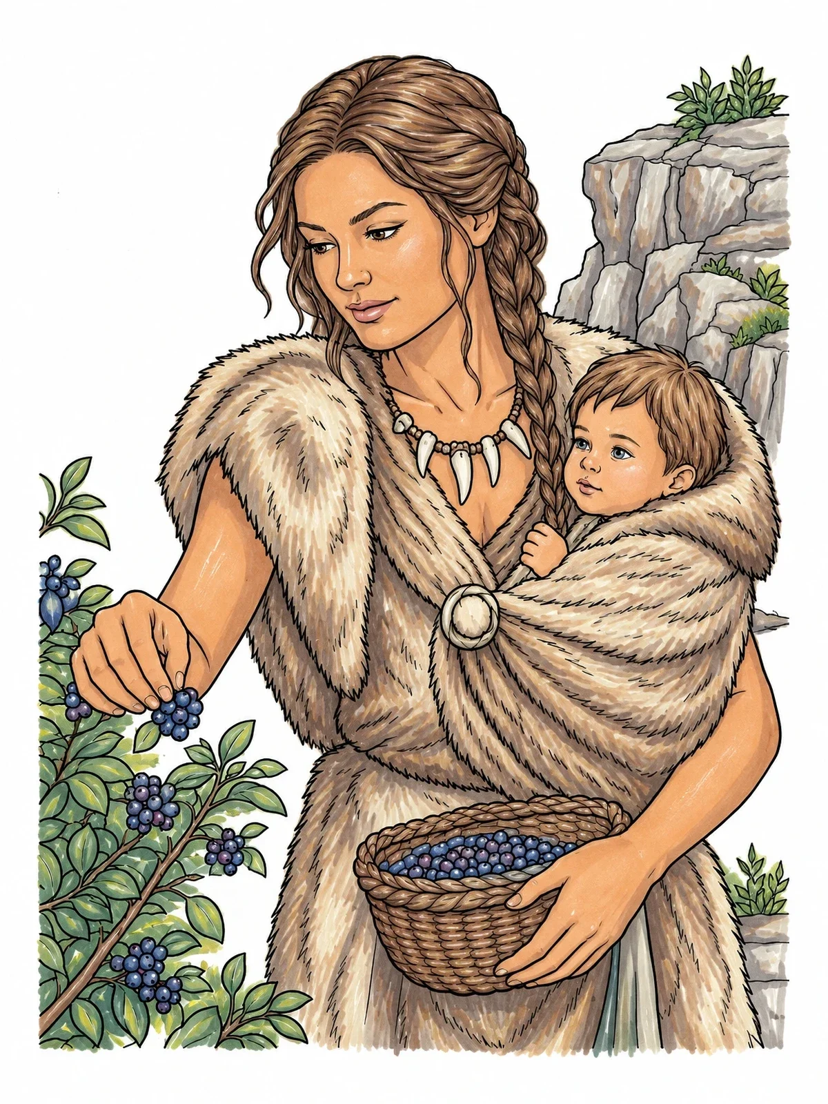 Colored example of the Prehistoric Mother Gathering Berries With Baby coloring page