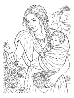 A caveman coloring page depicting a prehistoric mother carrying her baby in a fur wrap while gathering wild berries.