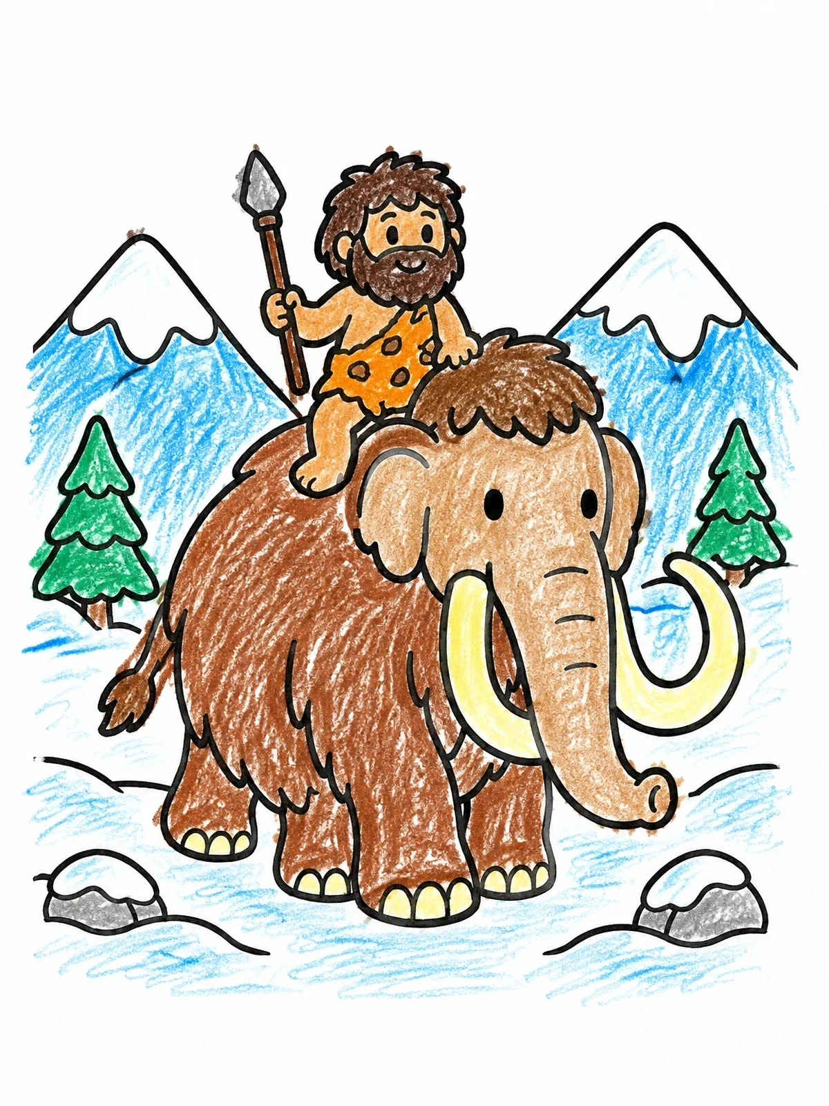 Colored example of the Caveman Riding A Woolly Mammoth coloring page