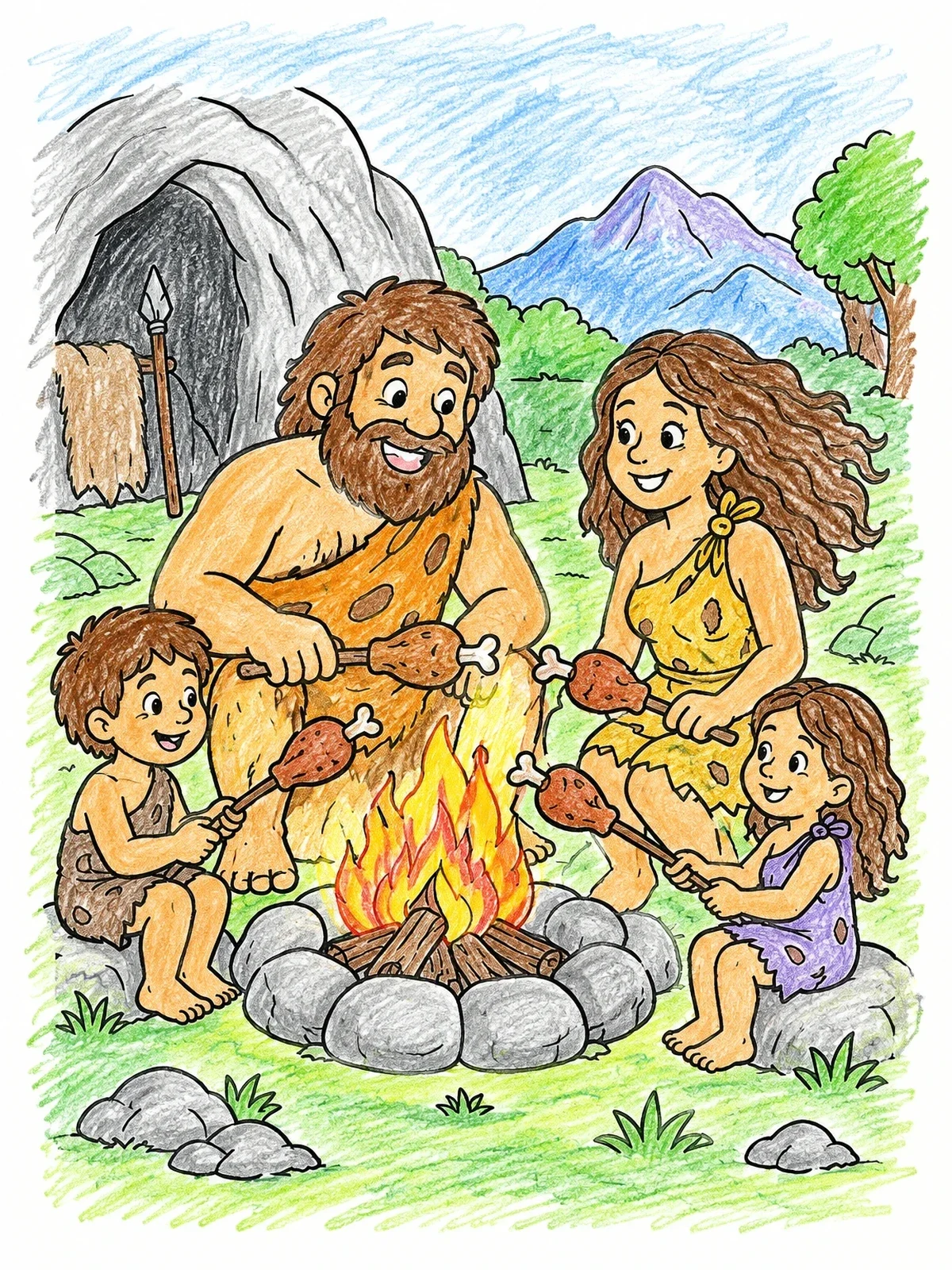 Colored example of the Stone Age Family Around The Campfire coloring page