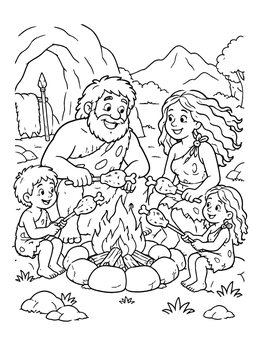 Free printable Stone Age Family Around The Campfire coloring page