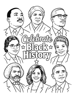 A black history month coloring page featuring portraits of historical icons around bold text.