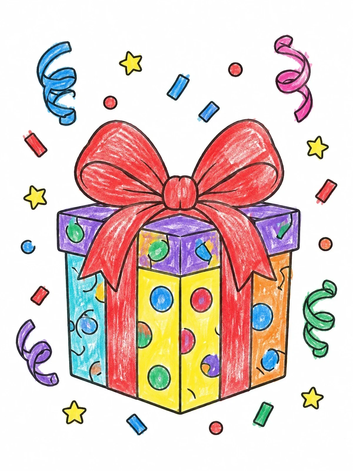Colored example of the Big Gift Box With Confetti coloring page