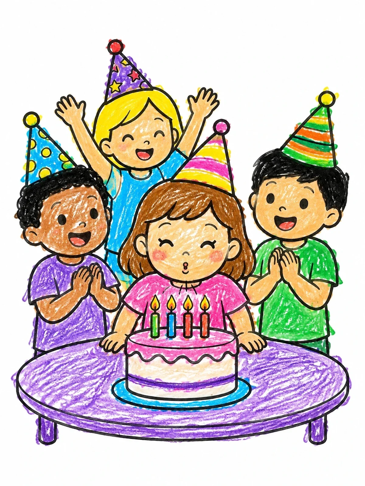 Colored example of the Birthday Girl Blowing Out Candles coloring page