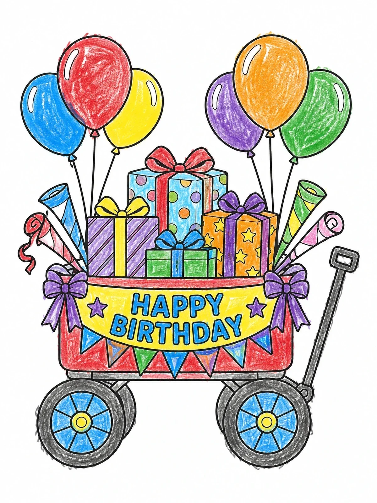 Colored example of the Birthday Parade Wagon With Gifts coloring page