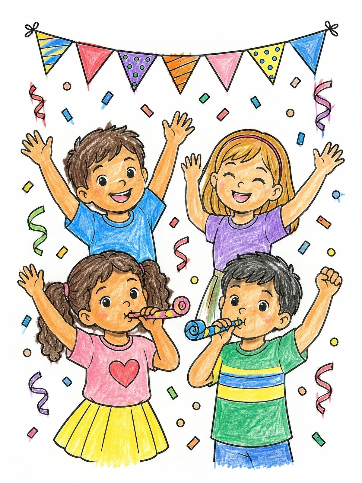 Colored example of the Children Cheering At Party coloring page