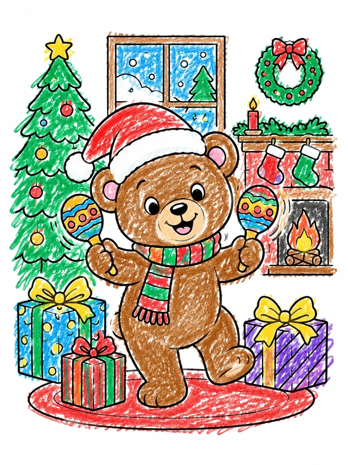 Colored example of the Festive Bear With Maracas And Presents coloring page