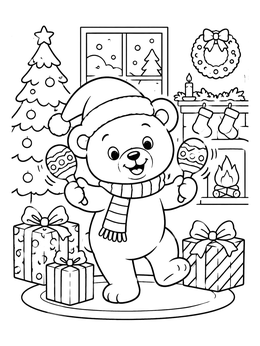 Free printable Festive Bear With Maracas And Presents coloring page