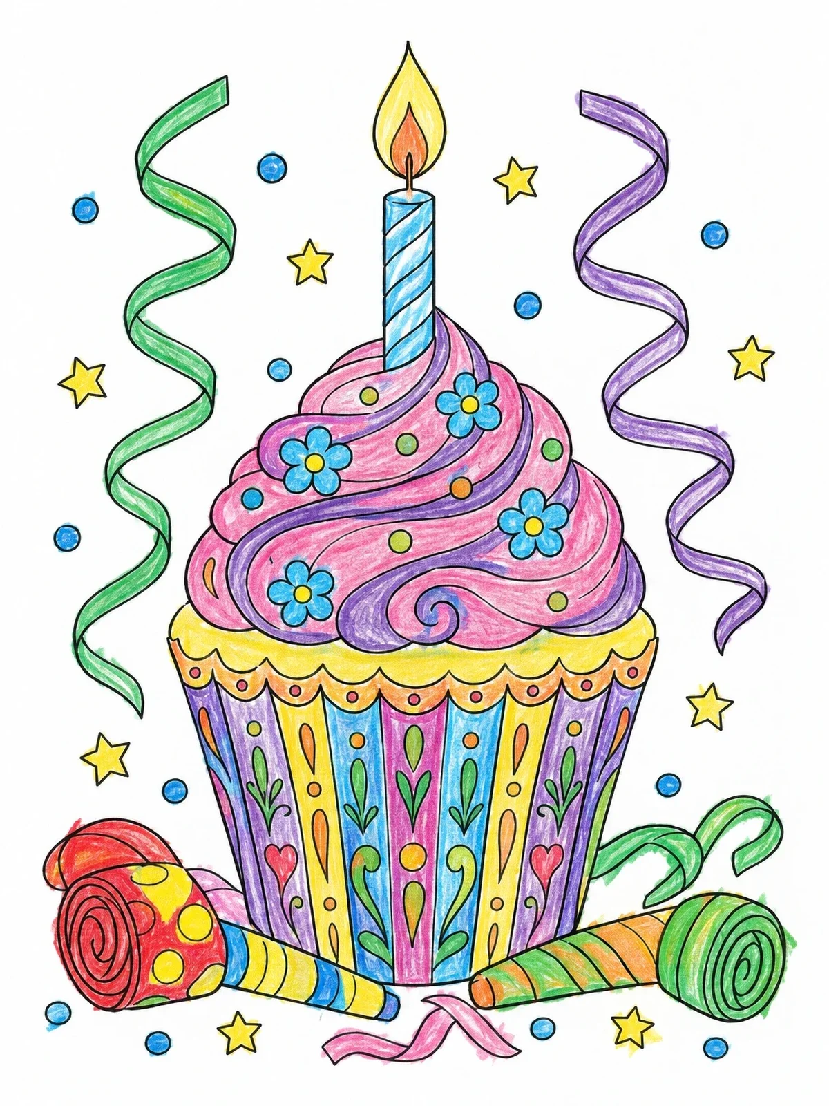 Colored example of the Festive Birthday Cupcake With Candle coloring page