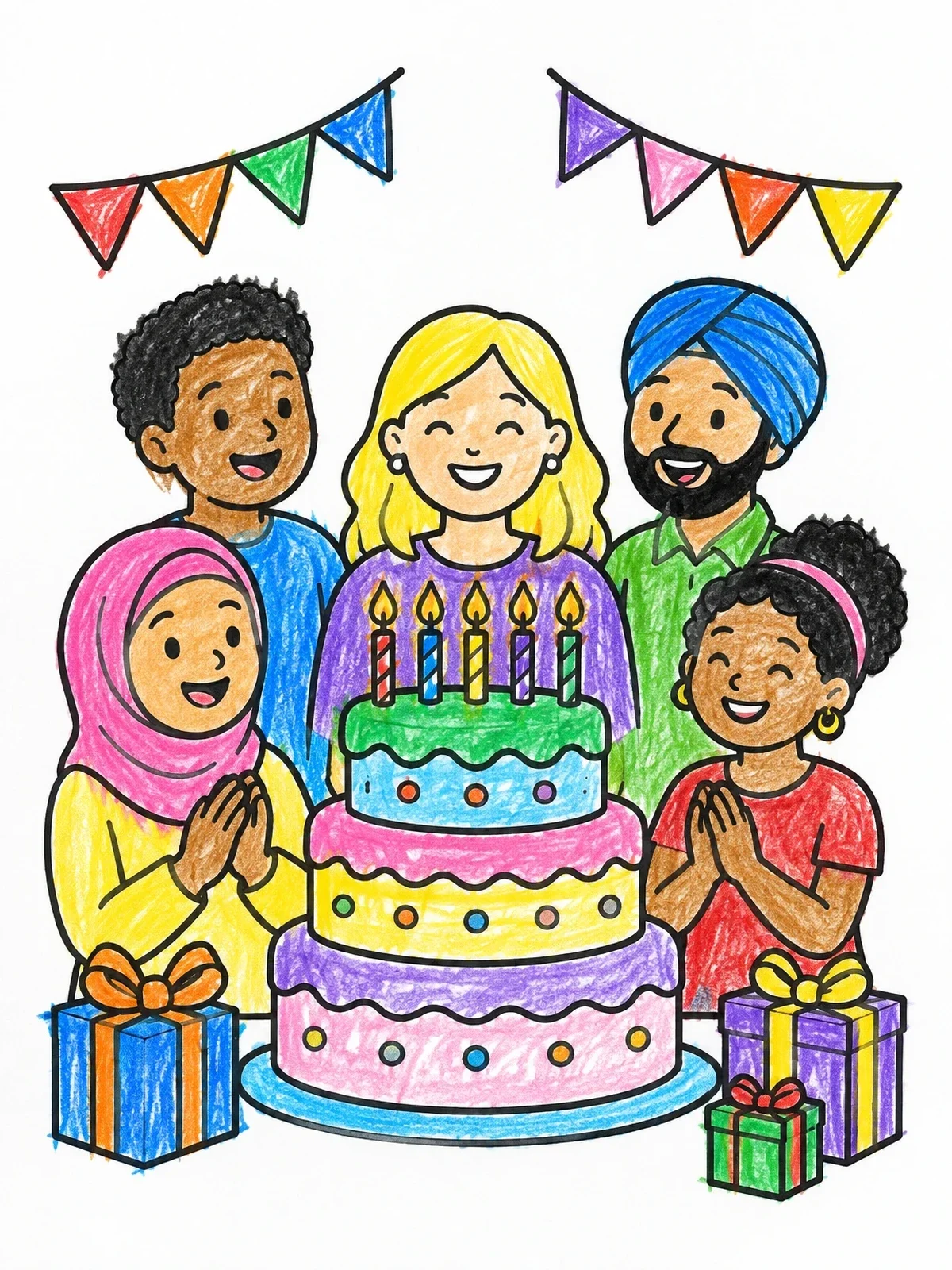 Colored example of the Friends Celebrating With Birthday Cake coloring page