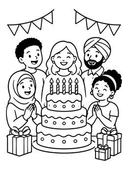 Free printable Friends Celebrating With Birthday Cake coloring page