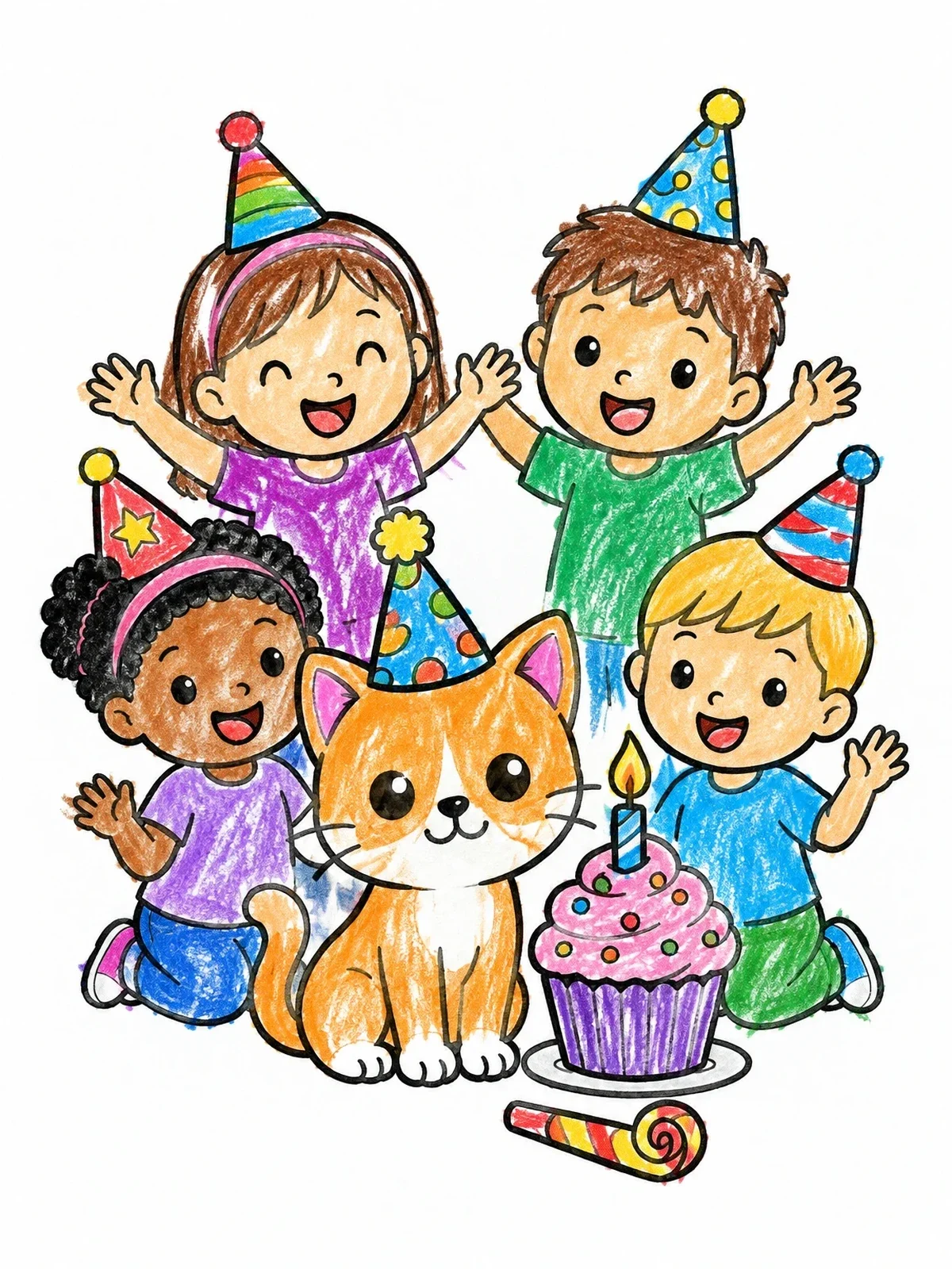 Colored example of the Children And Cat Birthday Party coloring page