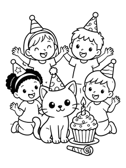 Free printable Children And Cat Birthday Party coloring page