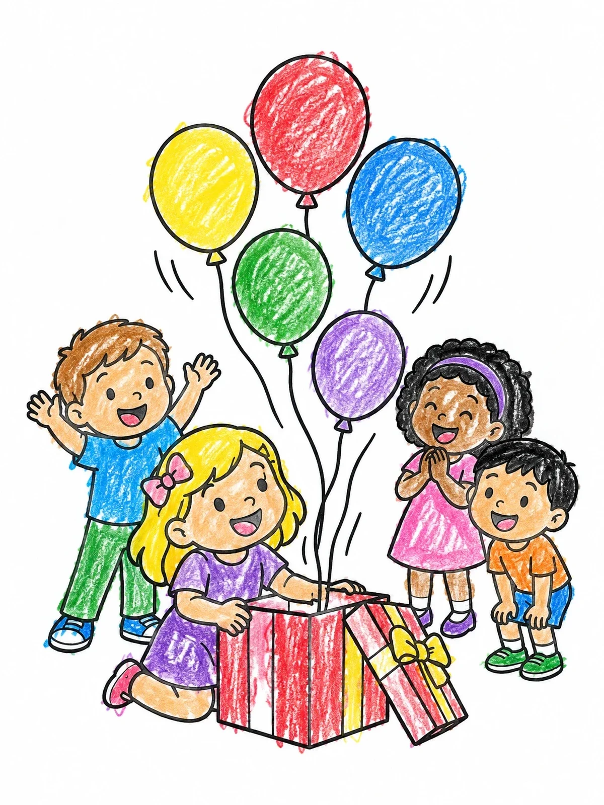 Colored example of the Surprise Balloons From A Gift Box coloring page