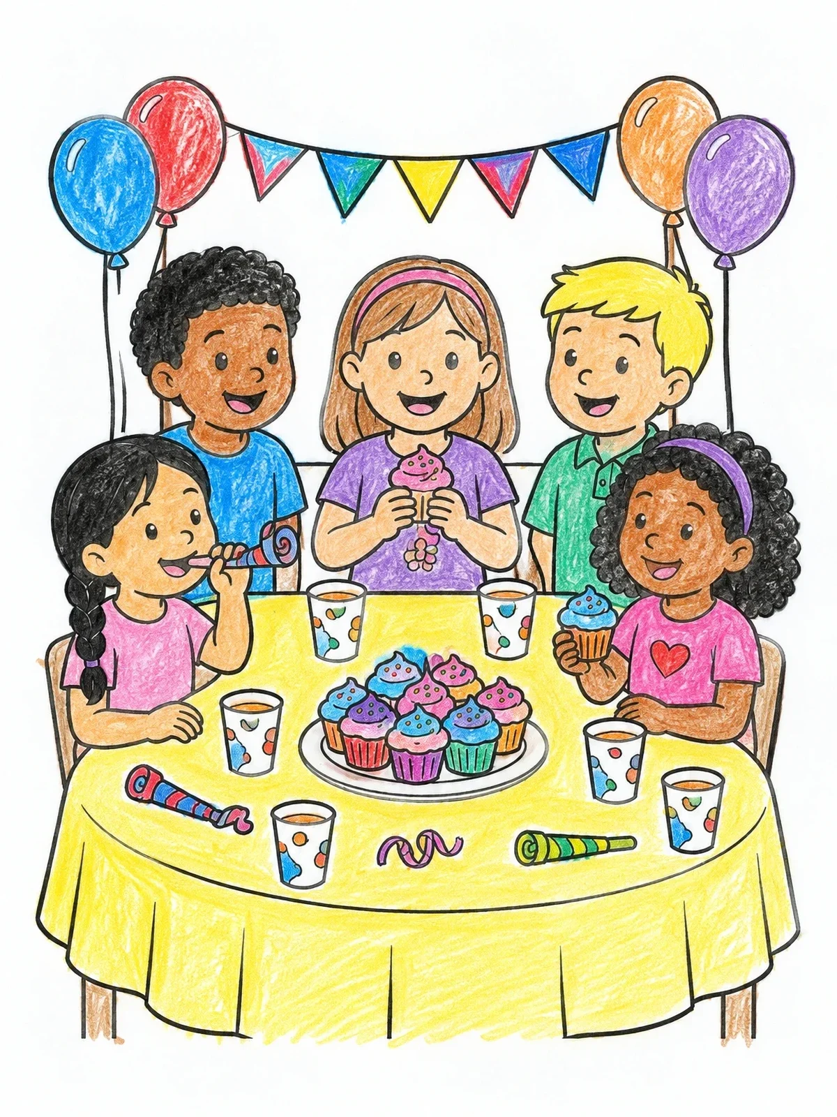 Colored example of the Kids Birthday Party Around The Table coloring page