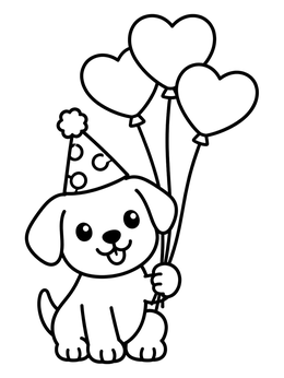 Free printable Party Puppy With Heart Balloons coloring page
