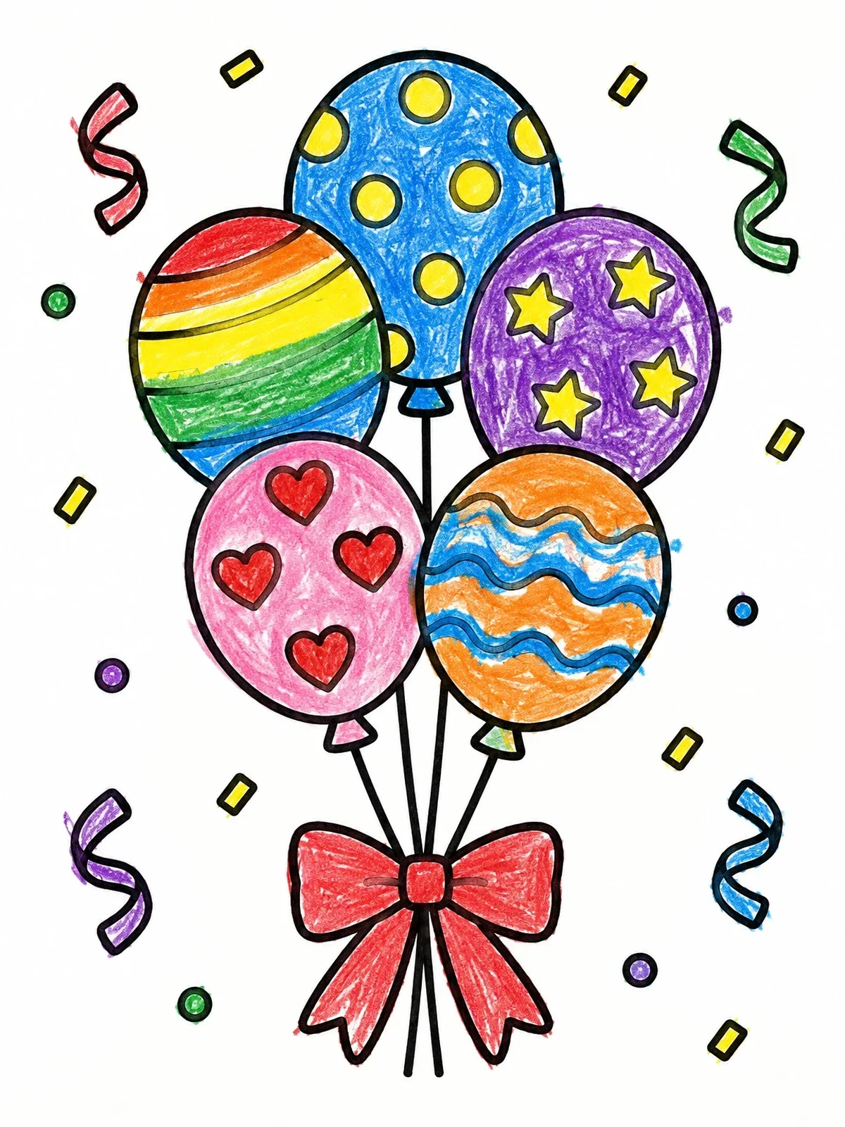Colored example of the Patterned Party Balloons With Ribbon coloring page