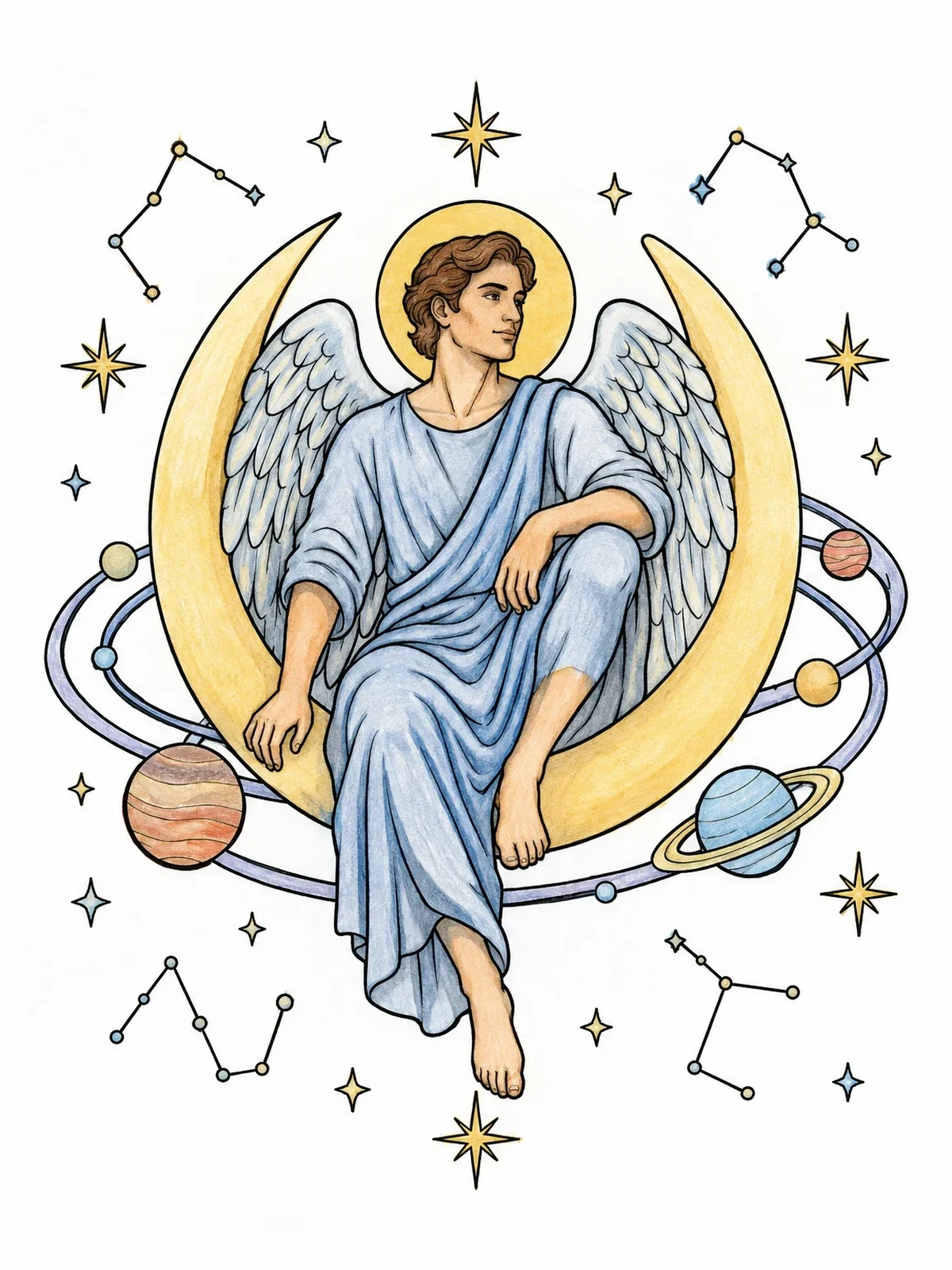 Colored example of the Celestial Angel On Crescent Moon coloring page