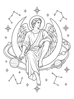 An angel coloring page showing a winged figure on a crescent moon among stars and planets.