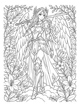 An armored celestial warrior in this detailed angel anime coloring page.