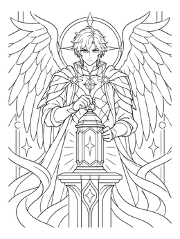 A serene angel anime coloring page featuring a winged guardian standing by a lantern on a pedestal.