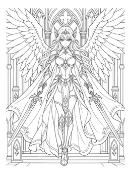An armored warrior in an angel anime coloring page with wide wings and twin swords.
