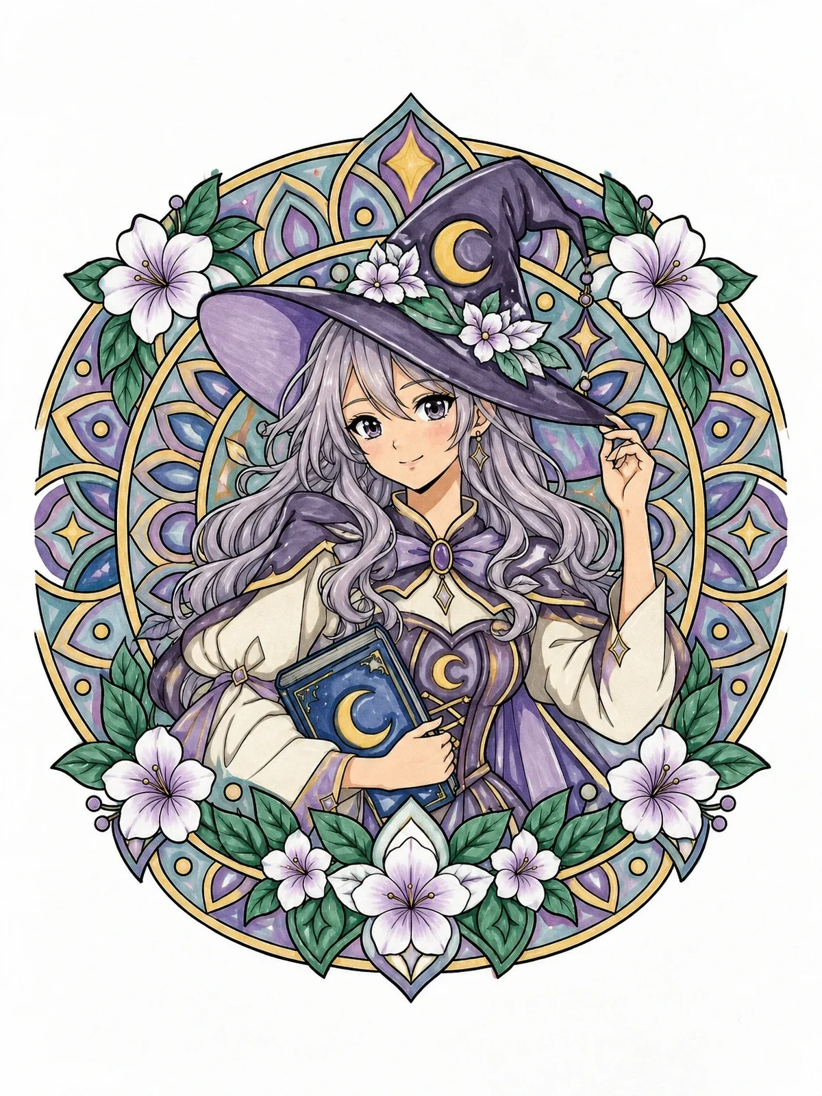 Colored example of the Celestial Anime Witch With Spellbook coloring page