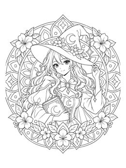 Detailed anime witch coloring page featuring a spellbook and floral mandala frame.