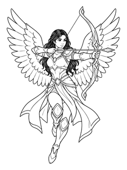 An armored warrior on this angel anime coloring page aims a celestial bow in mid-air.