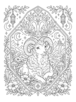 A detailed aries coloring page featuring a regal ram resting inside a celestial decorative frame.