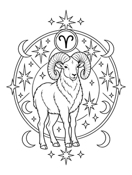 Majestic ram framed by stars and moons in this detailed aries coloring page.
