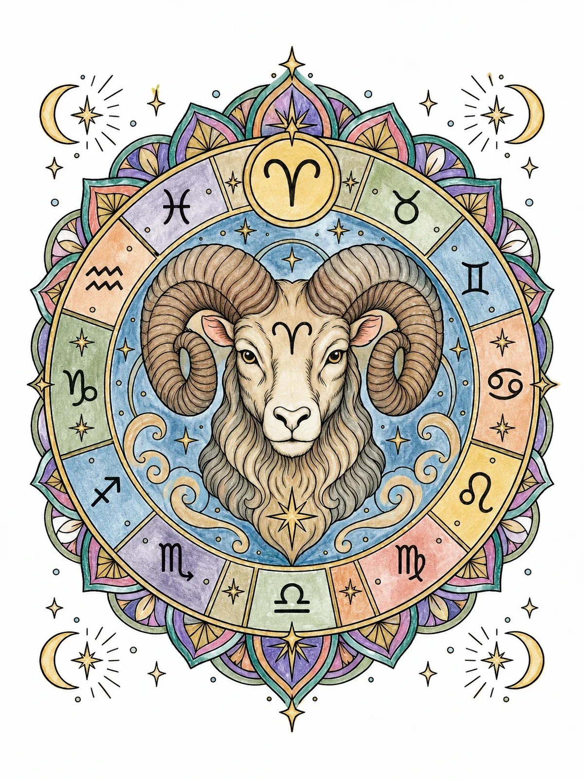 Colored example of the Celestial Aries Zodiac Mandala coloring page